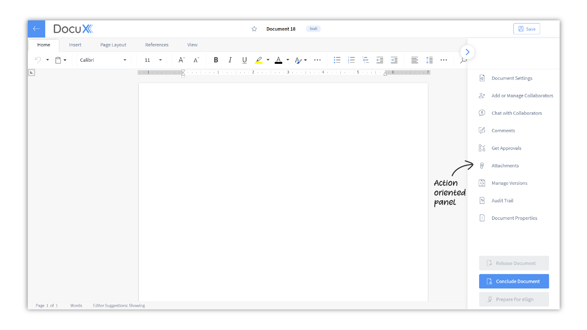 Action panel on the right of the document editor includes additional control and collaboration features