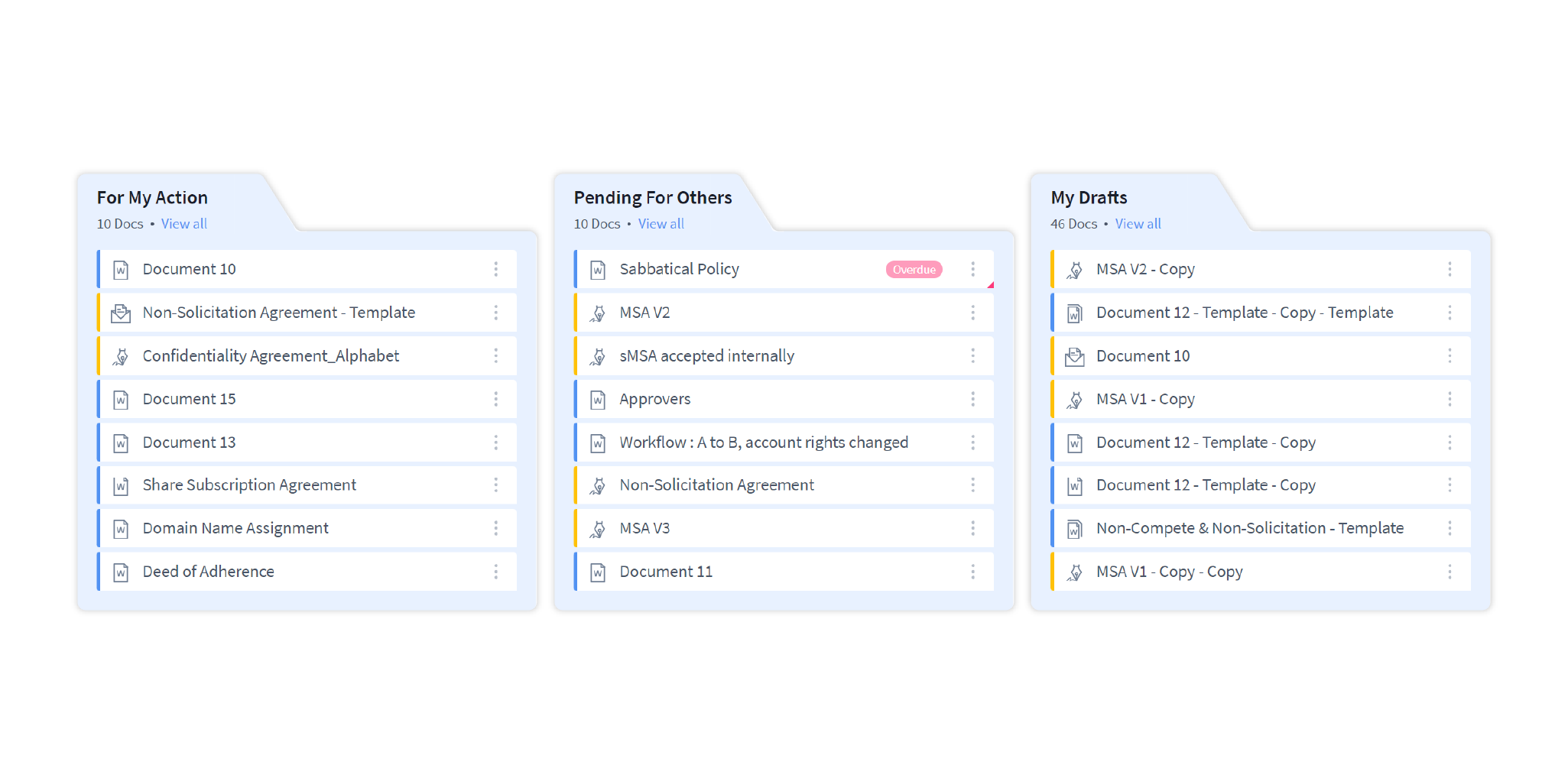 The Workspace’s three action-oriented tabs: For my action, Pending for others, and My drafts